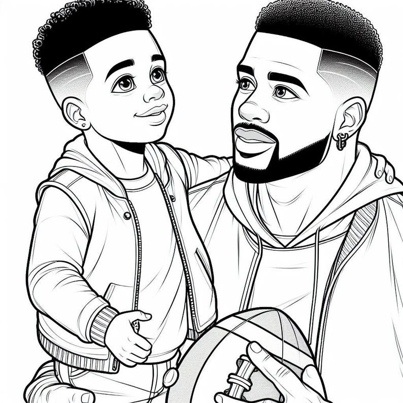 Pu&ograve; includere: Un disegno in bianco e nero di un padre e un figlio. Il padre tiene un pallone da calcio e sorride. Il figlio guarda il padre e sorride.