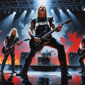 Epic Heavy Metal Concert Painting – High-Energy Rock Band Artwork, Electric Guitar Wall Art, Music Lover Gift, Metalhead Decor