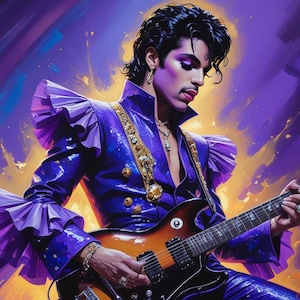 PRINCE digitale kunstafdruk | Muziekpictogram muurdecoratie | Levendige pop-artposter | Retro glamrock-kunstwerk | Gedurfde en kleurrijke woondecoratie