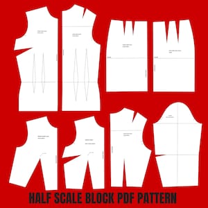 May include: A collection of white sewing pattern pieces on a red background. The pattern pieces are for a half-scale block, with labels indicating the different parts like "Bodice Front Half" and "Sleeve". The text "HALF SCALE BLOCK PDF PATTERN" is at the bottom.