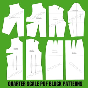 May include: A selection of white quarter-scale PDF block patterns for dressmaking, set against a vivid green backdrop. The patterns feature bodice, torso, skirt, and sleeve components, with the brand name "CINTRON" watermarked across each piece. The text "QUARTER SCALE PDF BLOCK PATTERNS" is at the bottom.