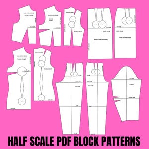 Può includere: Una collezione di modelli di cucito bianchi con etichette come "Bodice Front" e "Skirt Back" su uno sfondo rosa acceso. Il testo "HALF SCALE PDF BLOCK PATTERNS" è in basso. Adatto per appassionati di cucito.