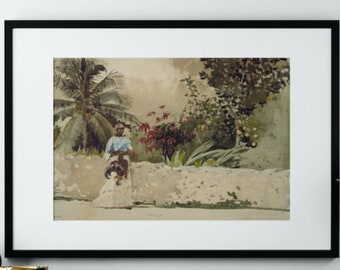 Vintage Watercolor Painting 19th Century Art Local Black Woman Walking Winslow Homer Light Academia Sage Green Abstract Wall Art 3730