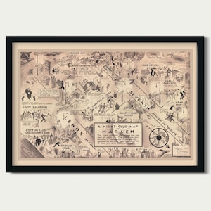 Vintage stadsplattegrond jaren 1930 theater nachtclub Harlem print E Simms Campbell illustratie kunst woonkamer decor lange horizontale muur kunst 3941