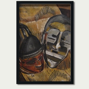 May include: Framed artwork featuring two stylized masks. One mask is black with a red face, the other is gray and white. The background is a textured tan color, and the frame is black.