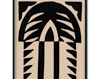 May include: Black and white abstract art print with a geometric design. The print features a large arch shape with a smaller arch inside, and two vertical lines.