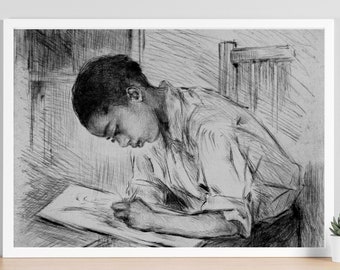 Vintage Black Americana | Young Man Writing | Lithograph Art  Poster | Kid Room Decor | Play Room Prints | 3510