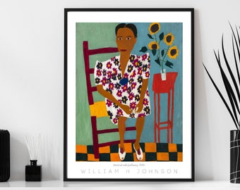 William H Johnson Print: Black Girl with Sunflowers, African American Art (Digital Download) 3645