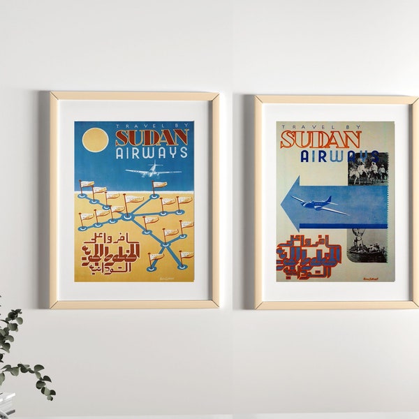 Vintage Sudan Airways Mid Century Retro Travel Africa Poster Blue Yellow 2 Piece Poster Downloadable Art Aesthetic Wall Art 3801