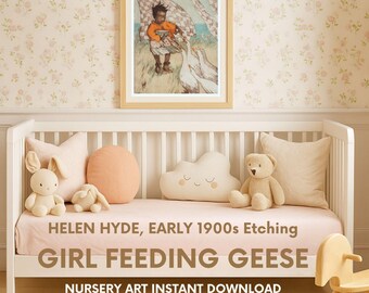 Vintage Helen Hyde Etching: Girl Feeding Geese, Nursery Art (Digital Download) 3745