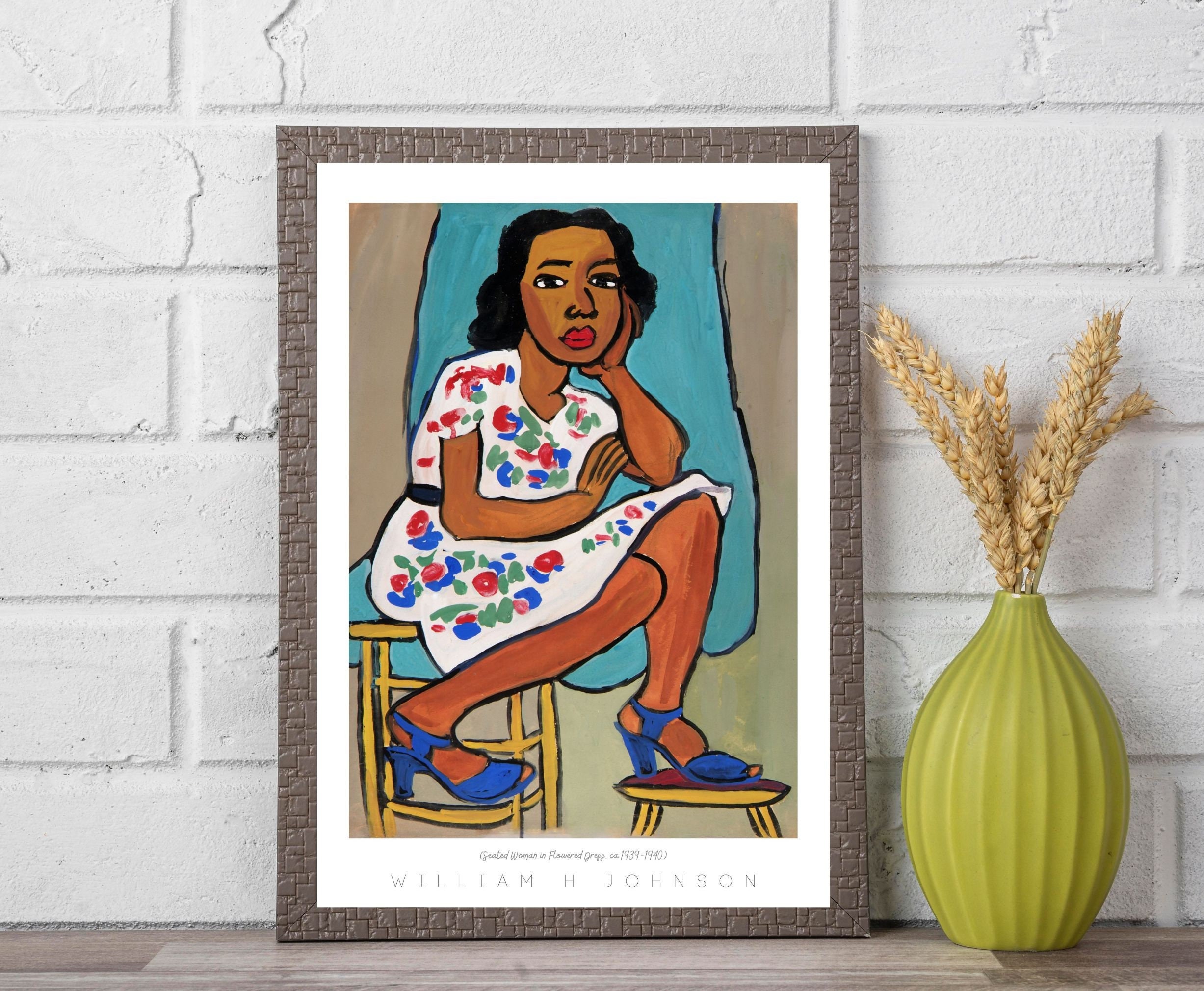 Vintage African American Art Seated Woman in Flowered Dress William H