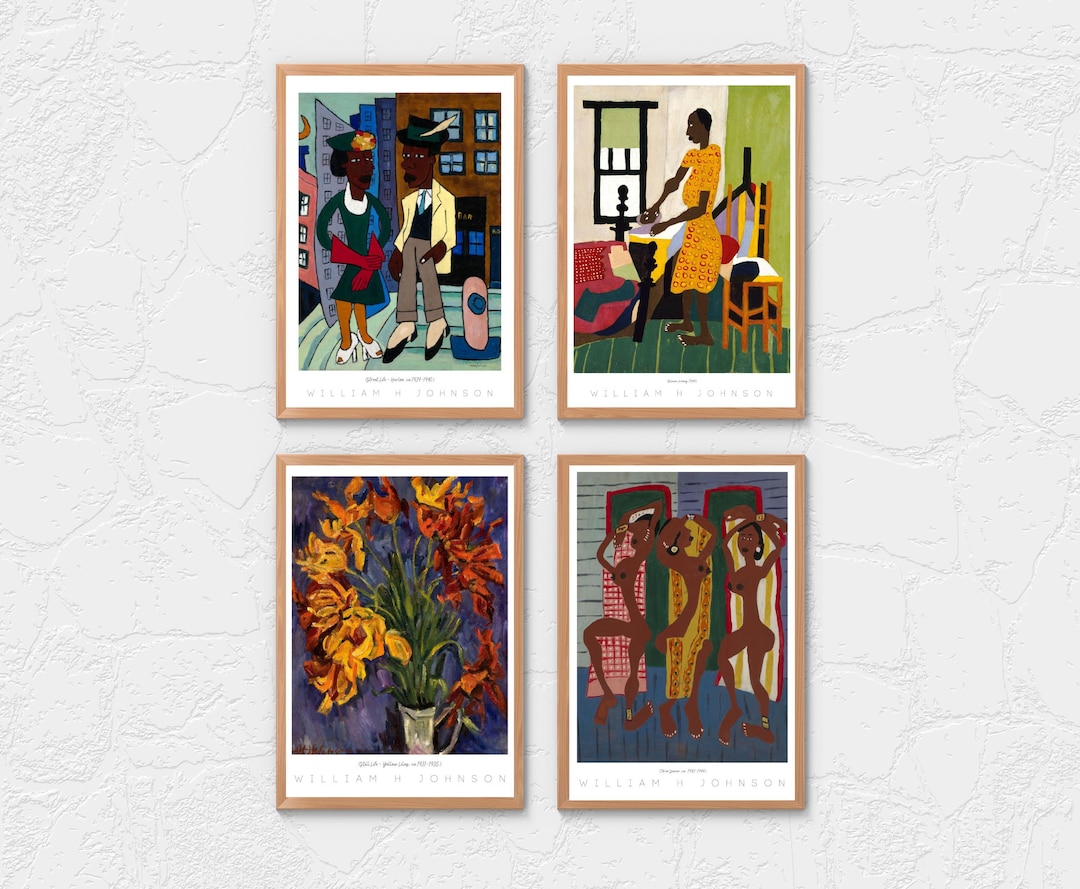Vintage African American Art Folk Art Prints Gallery Wall Set Black