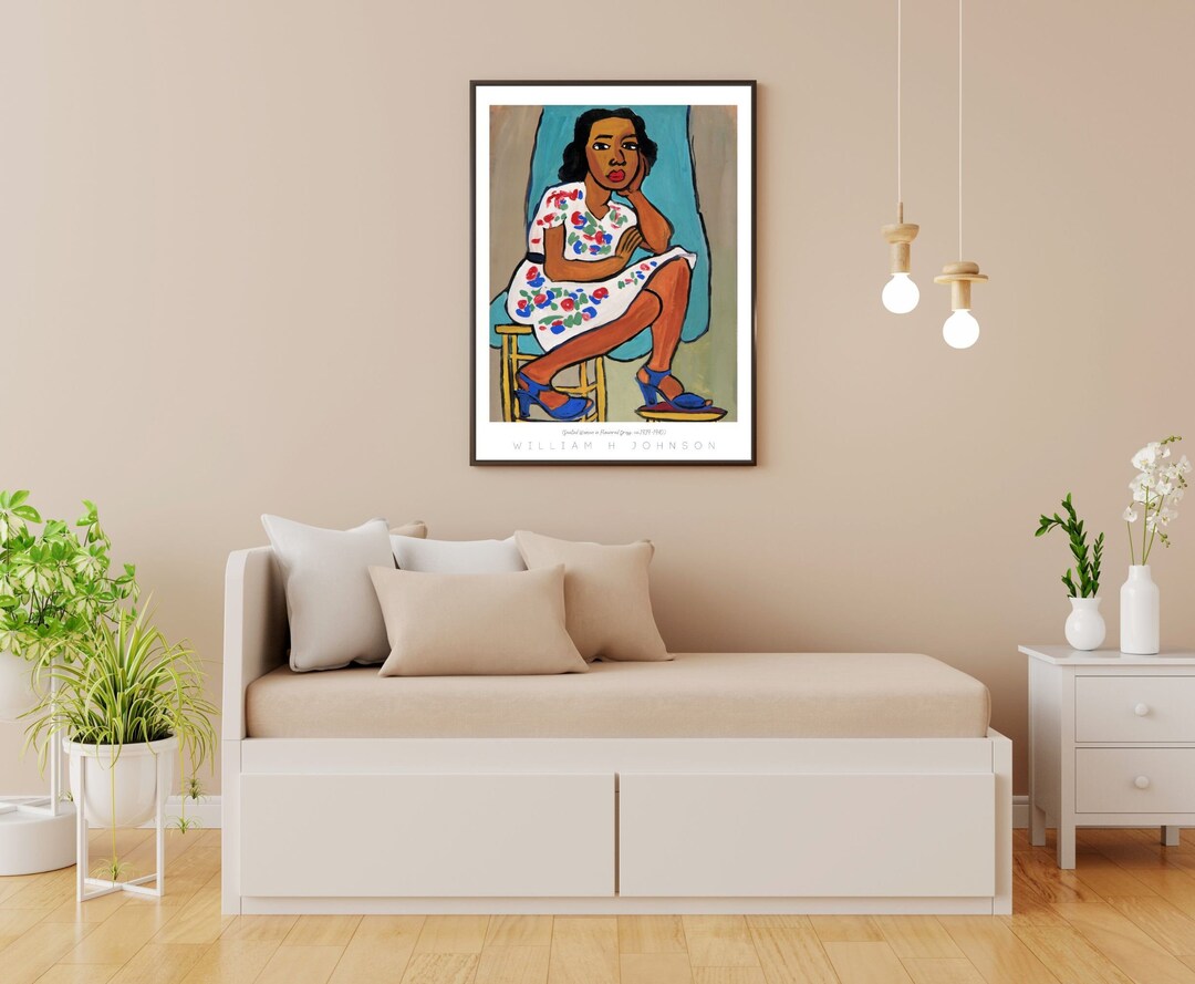 Vintage African American Art Seated Woman in Flowered Dress William H