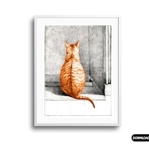 Op de afbeelding: Een zwart-witte illustratie van een oranje tabby-kat die op een houten vloer zit en wegkijkt van de kijker. De kat is getekend in een realistische stijl, met gedetailleerd haar en snorharen.