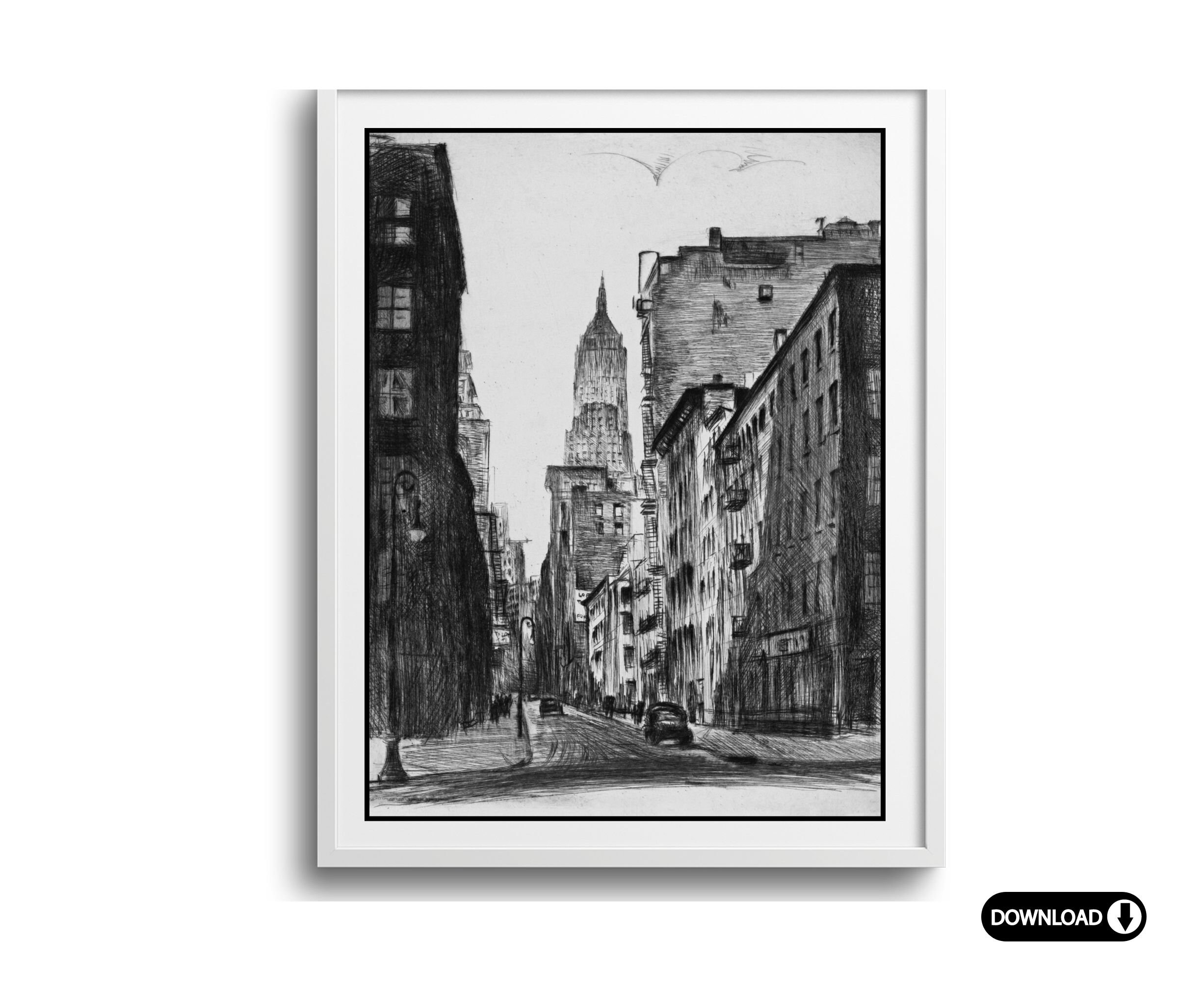 Vintage Black and White New York City Print Tall Buildings Etching ...