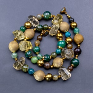 Green stone bead necklace chunky, massive gemstone necklace handmade, unusual chartreuse accessory for women, unique accent fancy jewelry