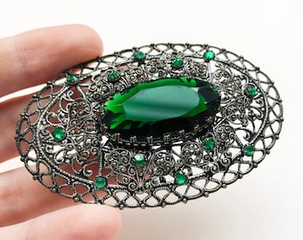 Emerald green crystal brooch large, 60s vintage rhinestone lapel brooch, huge silver filigree oval pin, statement jewelry women, quirky gift