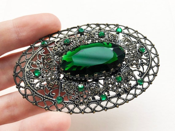 Emerald green crystal brooch large, 60s vintage r… - image 1