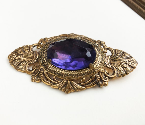 Purple crystal brooch 60s vintage, large gold ton… - image 2