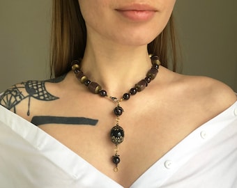 Black bead lariat necklace statement, accent super chunky necklace, bold unique handmade jewelry, quirky gift for bonus daughter, fast ship