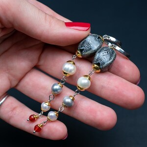 Long pearl earrings boho, unusual chunky stone bead dangles, statement accent earrings for women, large stylish jewelry, cute quirky gift