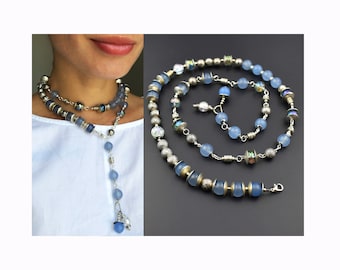 Collar largo de calcedonia azul, collar llamativo con cuentas de piedra gruesa, collar grande en Y con acento para mujer, regalo de joyería peculiar e inusual.