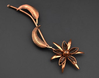 Copper flower brooch, large lapel pin for women, accent accessory, quirky jewelry gift, fast ship from USA