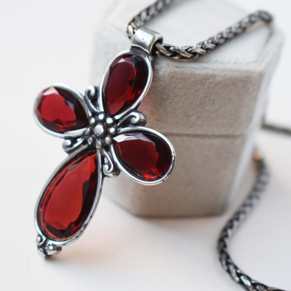 Collier pendentif croix en cristal rouge pour femme, chaîne sétaire en argent sterling avec grosse breloque croix, bijoux unisexes originaux et exquis