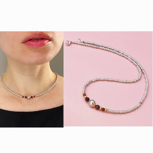 Garnet & pearl necklace, dainty basic stack boho collar necklace for women, small stone crystal bead choker, accent quirky gemstone jewelry
