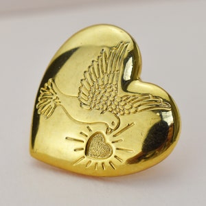 Gold heart brooch with dove, elegant bird lapel pin, accent jacket brooch for women, quirky vintage gift, fast ship from USA