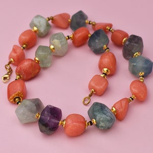 Colorful multi stone necklace, bold colors mixed gemstone bead necklace, chunky carnelian & fluorite crystal necklace, unique handmade gift