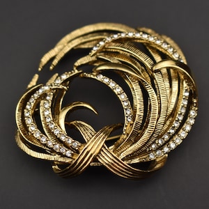 Large crystal brooch gold tone, unusual quirky lapel pin, abstract modern brooch for women, accent rhinestone Monet brooch, ship from USA