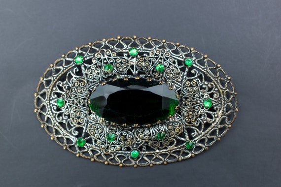 Emerald green crystal brooch large, 60s vintage r… - image 7
