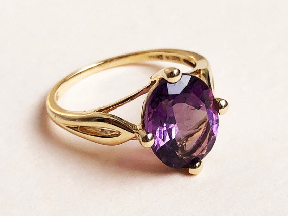 Amethyst ring gold, large purple stone crystal co… - image 1