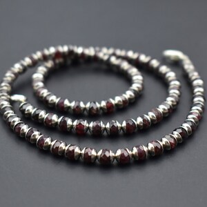 Faceted garnet necklace silver, tiny gemstone crystal bead choker, dainty elegant burgundy stone stack boho jewelry, quirky handmade gift