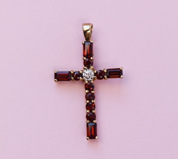 Garnet and diamond cross solid 10K gold, large bu… - image 6