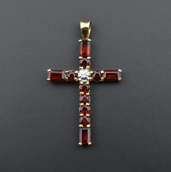 Garnet and diamond cross solid 10K gold, large bu… - image 1