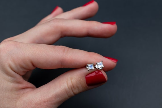 Moonstone stud earrings, small square gemstone cr… - image 2