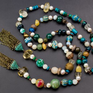 Multi stone necklace long, gemstone bead boho necklace chunky, unusual dangle tassel necklace, OOAK weird jewelry, unique sautoir necklace