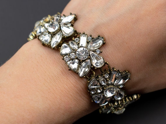 Flower crystal bracelet for women, wide statement… - image 1