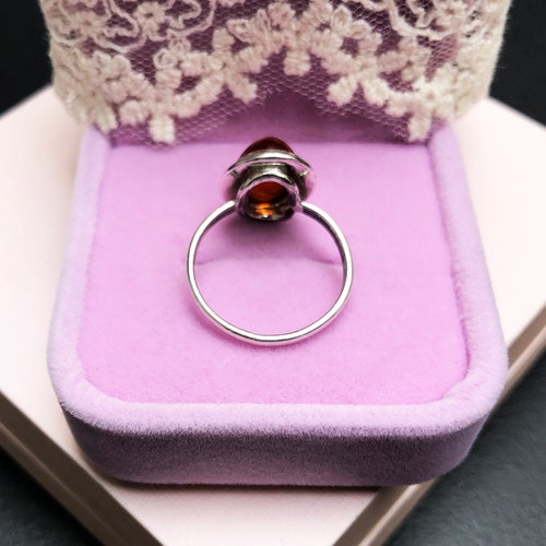 Large amber ring sterling silver 6 US, accent orange oval cabochon ring for shops women or men, colorful gemstone boho jewelry gift