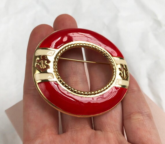 Large red circle brooch, statement nautical brooc… - image 2