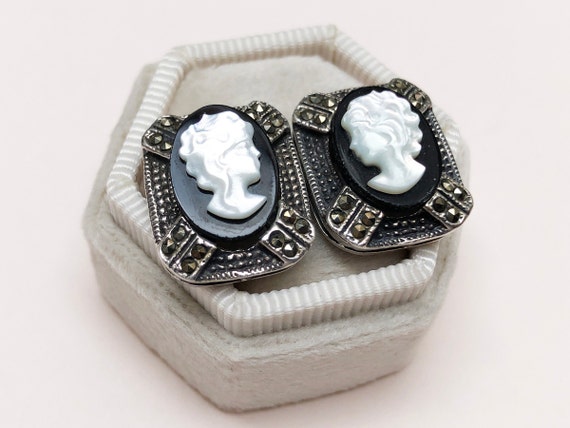 Cameo Earrings Stud, Accent Quirky Marcasite Earrings Sterling