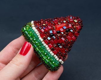 Watermelon brooch handmade, red and green crystal bead embroidered brooch, large funky fruit pin, extravagant jewelry, vegan friendly gift