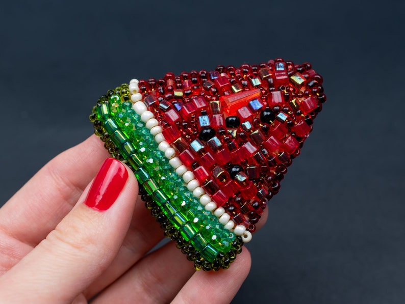 Watermelon brooch handmade, red and green crystal bead embroidered brooch, large funky fruit pin, extravagant jewelry, vegan friendly gift image 1