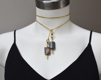 Collar bohemio de lazo dorado, llamativo collar sautoir, elegante collar de cadena dorada con piedras, collar de eslabones de doble vuelta para mujer