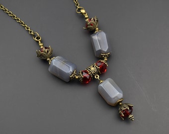 Chunky stone necklace, large y lariat necklace, statement gemstone boho necklace for women, ooak fancy handmade jewelry gift