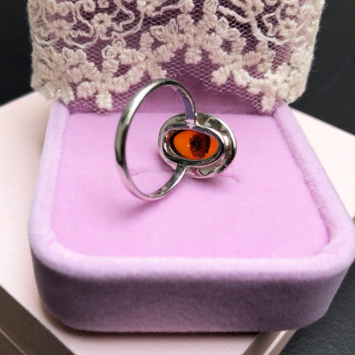 Large amber ring sterling silver 6 US, accent orange oval cabochon ring for shops women or men, colorful gemstone boho jewelry gift