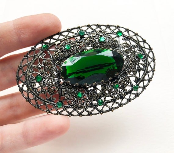Emerald green crystal brooch large, 60s vintage r… - image 5