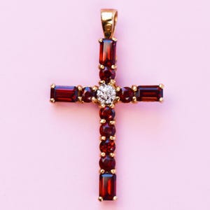 Garnet and diamond cross solid 10K gold, large burgundy red crystal cross pendant, quirky fine jewelry gift for women